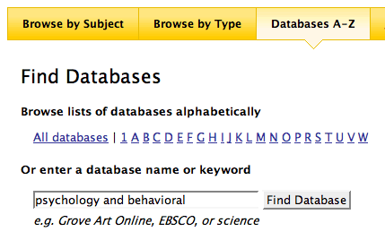 Screenshot of database search screen