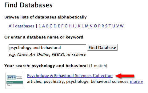 Screenshot of database search results