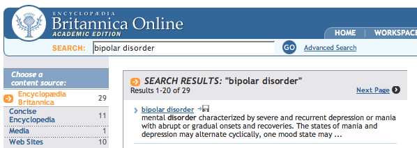 Screenshot of Britannica Online search results