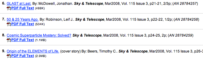 screen shot of Sky and Telescope articles for March 2008