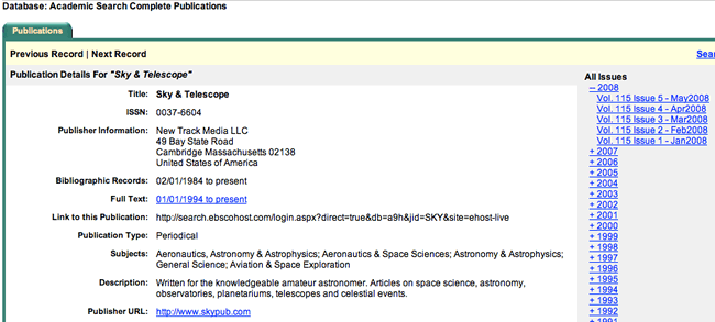 screen shot of Sky and Telescope publication details