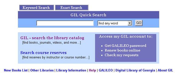 Detail of home page, showing search options and links across bottom of screen
