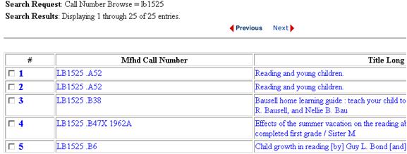 Results from call number browse