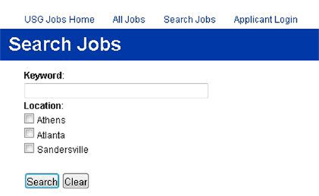 An example of the keyword and location features of the University System of Georgia's job application website, located at http://usg.hiretouch.com/.