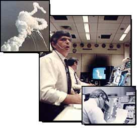 The Space Shuttle Challenger exploding, two gentlemen in mission control watch in horror.
