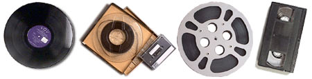 LP, audio tape, cassette tape, film canister and videotape.