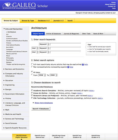 Screen capture of GALILEO database listing