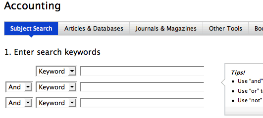 Screen capture of Accounting Subject Search