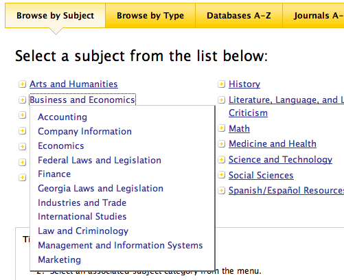 Screen capture of Business and Economics menu