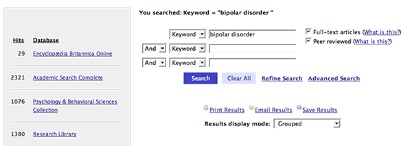 Screenshot of search for with term entered for
bipolar disorder and heredity