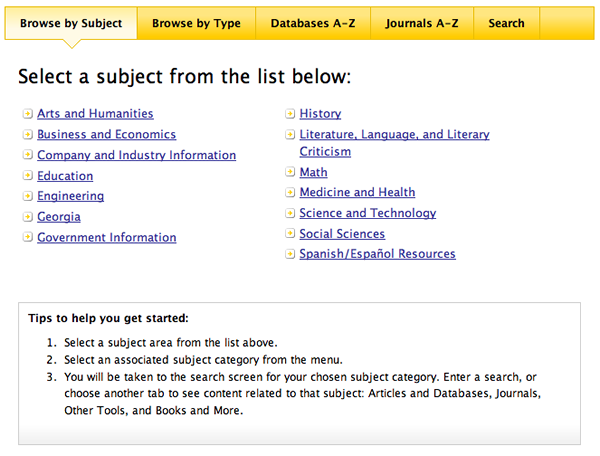 Screenshot of Browse by Subject menu