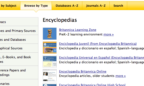 Screenshot of encyclopedias list