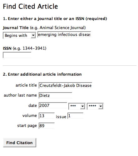 screen shot of Find Cited Article