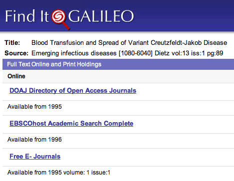 screen shot of GALILEO search results