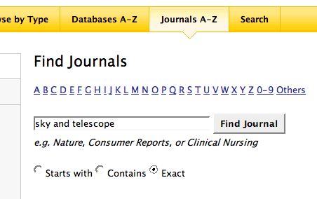 screen shot of the Journals A-Z search form