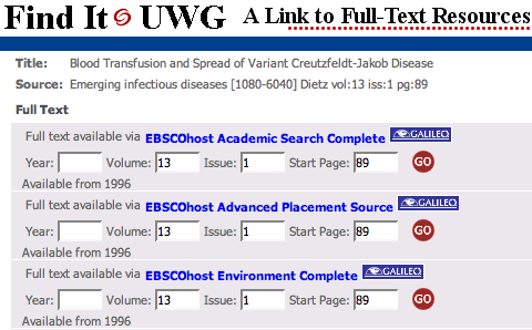 screen shot of University of West Georgia search results