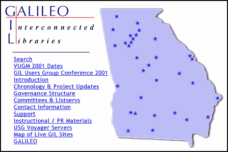 GIL's home page with map of Georgia with starts representing the libraries and their locations in the state.