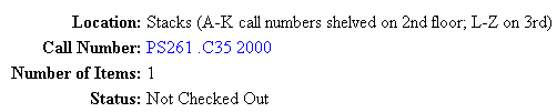 Location information: call number, number of items, item status.