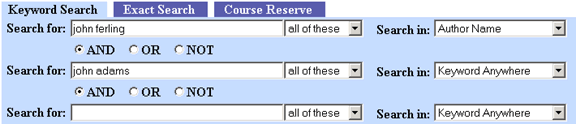 Screen capture of keyword search for john ferling AND john adams