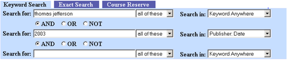 Screen capture of keyword search for thomas jefferson AND 2003