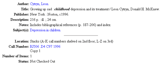 Screen capture of results for subject search for childhood depression