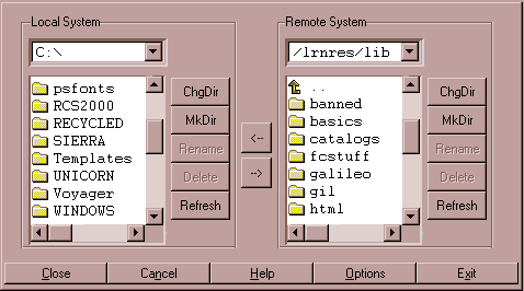 FTP transfer screen. Left fields for Local System. Right, fields for Remote Systems.