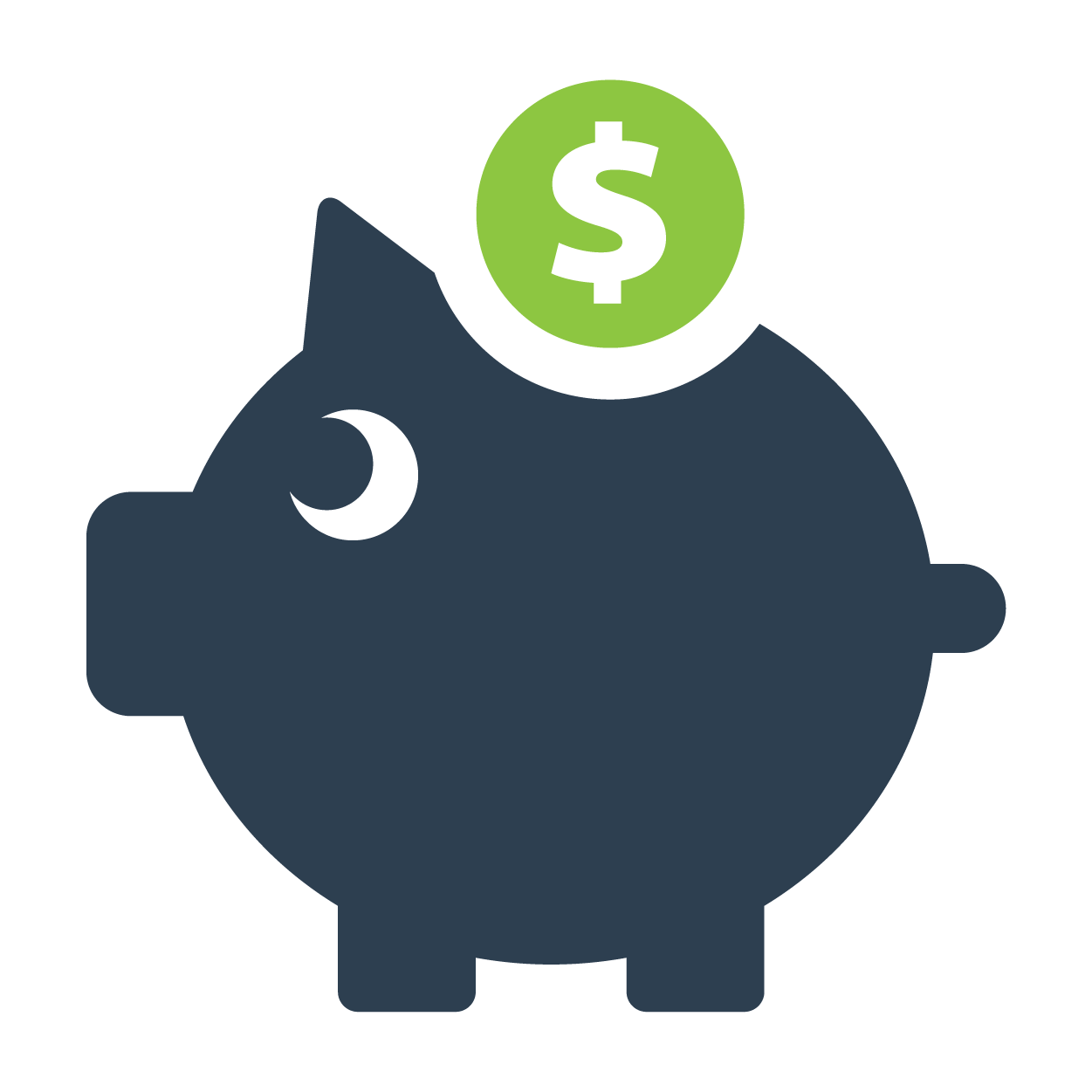 Icon of a green coin with white dollar sign going into a dark blue piggy bank