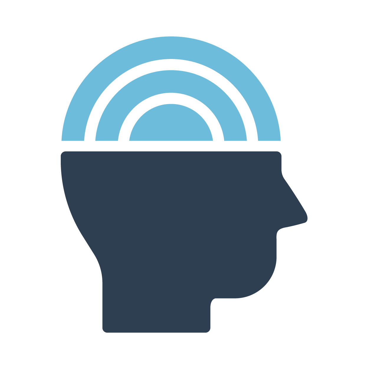 Icon of a dark blue silhouette of a head in profile, but the top half has been replaced by thick light blue arced lines